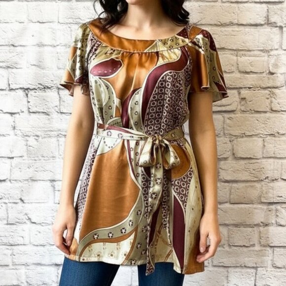 Equestrian Print Scoop Neck Belted Satin Tunic | Women's Size Small - Picture 1 of 11